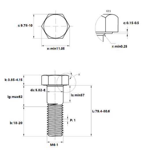 Bản vẽ kỹ thuật Bulong Thép Đen 8.8 DIN931 M6x80 Ren Lửng