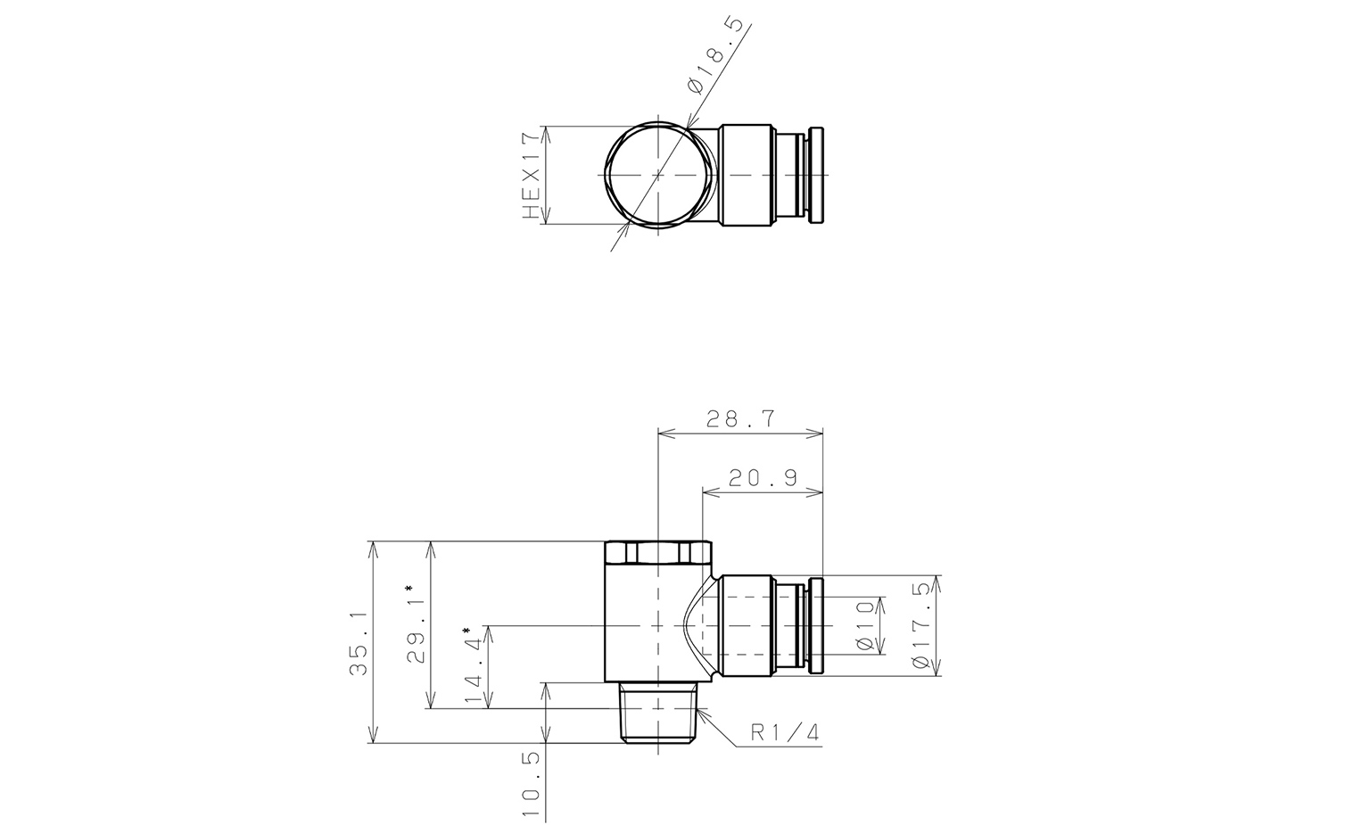 Bản vẽ kỹ thuật Đầu Nối Nhanh Khí Nén Cong 90° Đầu Lục Giác Trụ Ren Ngoài Pisco KH10-02-1-F