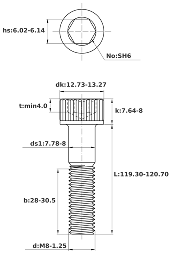 Bản vẽ kỹ thuật Lục Giác Chìm Đầu Trụ Inox 304 DIN912 M8x120 Ren Lửng