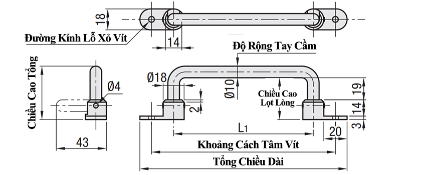Bản vẽ kỹ thuật Tay Nắm Cửa Chữ U Dạng Gập Inox 304 Đánh Bóng Phi 18 mm x L 180 mm (UWFASNS180)