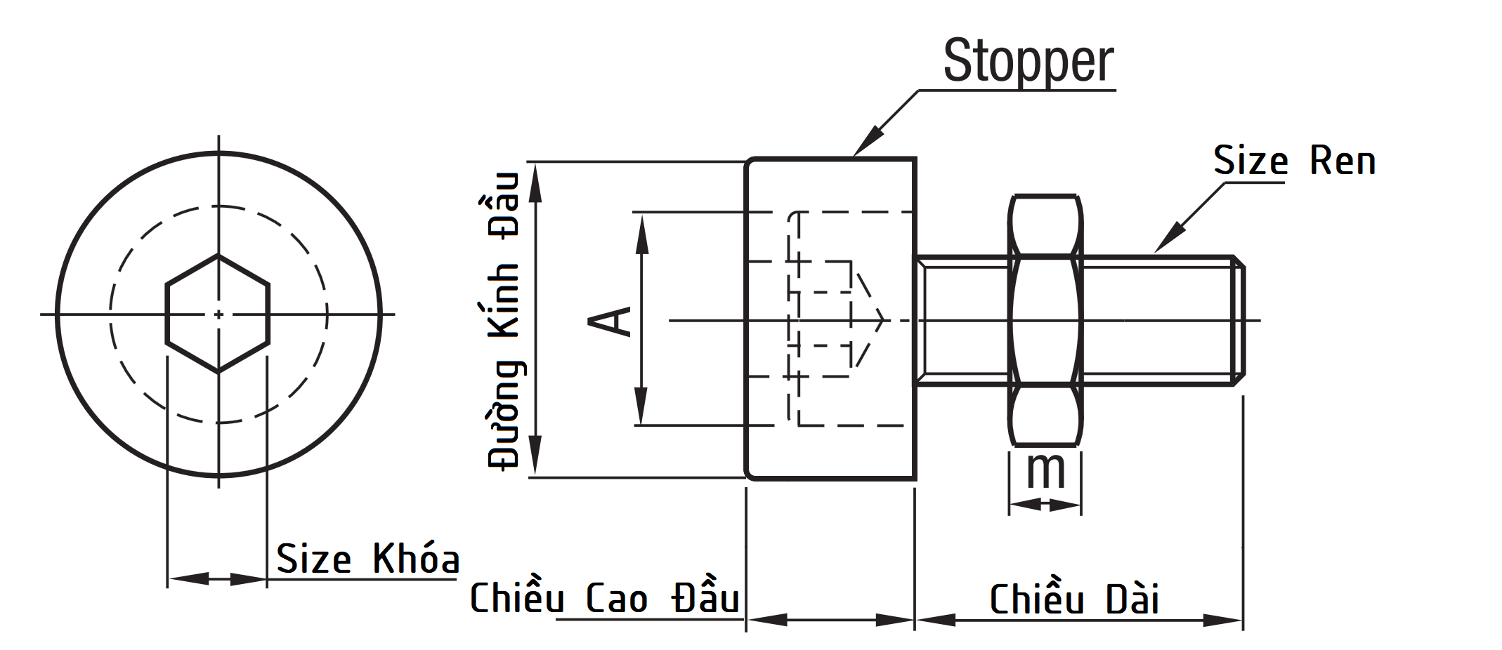 Bản vẽ kỹ thuật Stopper Bolt - Hex Socket Head Cap Urethane Type - Coarse SLUNA3-15