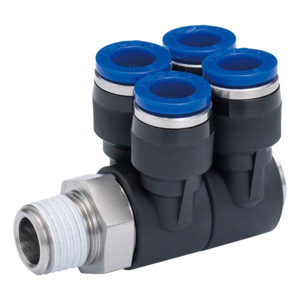 Đầu Nối Nhanh Khí Nén Bốn Nhánh Cong 90° Thân Lục Giác Trụ Ren Ngoài Pisco SPAW4-03