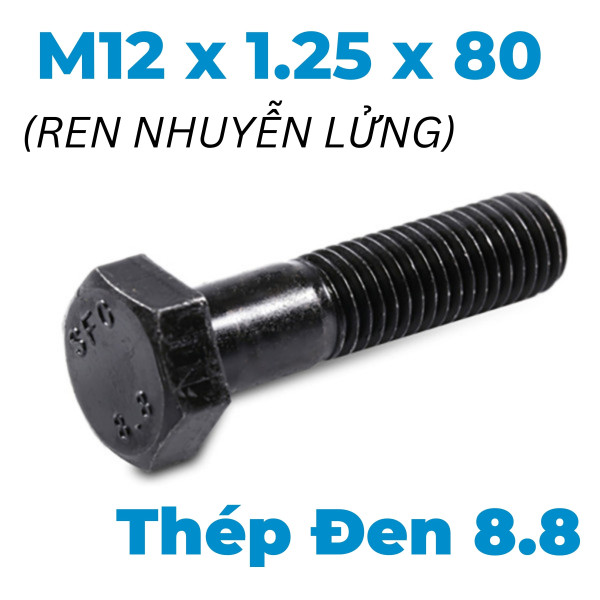 Bulong Thép Đen 8.8 DIN960 M12x1.25x80 Ren Nhuyễn Lửng