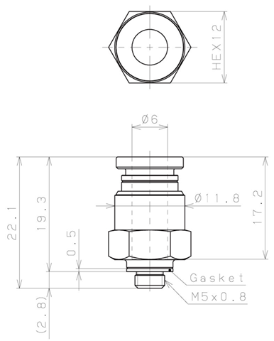 Bản vẽ kỹ thuật Đầu Nối Nhanh Khí Nén Dạng Thẳng Thân Lục Giác Ren Ngoài Pisco KC6-M5-1-F