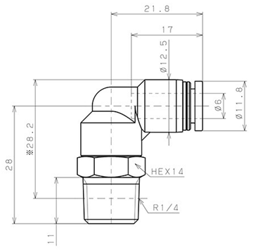Bản vẽ kỹ thuật Đầu Nối Nhanh Khí Nén Cong 90° Phi 6mm Ren Ngoài R1/4 Pisco PL6-02