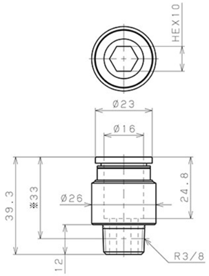 Bản vẽ kỹ thuật Đầu Nối Nhanh Khí Nén Thẳng Phi 16mm Ren Ngoài R3/8 Pisco POC16-03