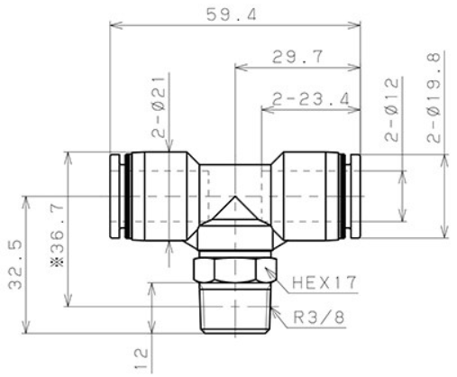Bản vẽ kỹ thuật Đầu Nối Nhanh Khí Nén Chữ T Phi 12mm Ren Ngoài R3/8 Pisco PB12-03