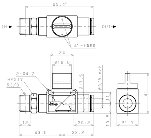 Bản vẽ kỹ thuật Van Tay Khí Nén Pisco HV03-3/8