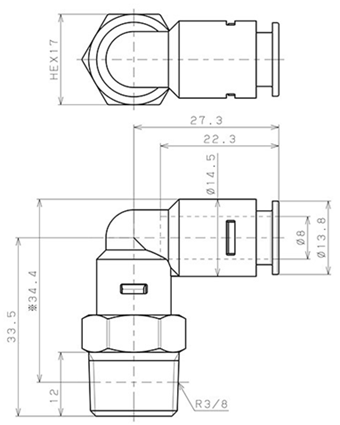 Bản vẽ kỹ thuật Đầu Nối Nhanh Khí Nén Dạng Cong 90° Ren Ngoài Pisco APL8-03-C