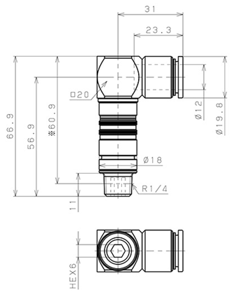 Bản vẽ kỹ thuật Bộ Đầu Ngạnh Nối Ống Dẫn Điều Khiển Nhiệt Độ Khuôn Đúc Dạng Cong 90°, Có Van Tự Ngắt Pisco ASL10-1202