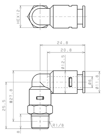Bản vẽ kỹ thuật Đầu Nối Nhanh Khí Nén Dạng Cong 90° Ren Ngoài Pisco APL6-01