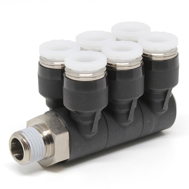 Đầu Nối Nhanh Khí Nén Sáu Nhánh Cong 90° Thân Lục Giác Trụ Ren Ngoài Pisco PAT1/4-N1U