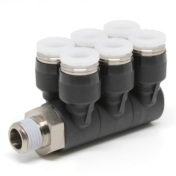 Đầu Nối Nhanh Khí Nén Sáu Nhánh Cong 90° Thân Lục Giác Trụ Ren Ngoài Pisco PAT1/4-N1U