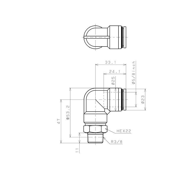 Bản vẽ kỹ thuật Đầu Nối Nhanh Khí Nén Dạng Cong 90° Ren Ngoài Pisco PL5/8-03