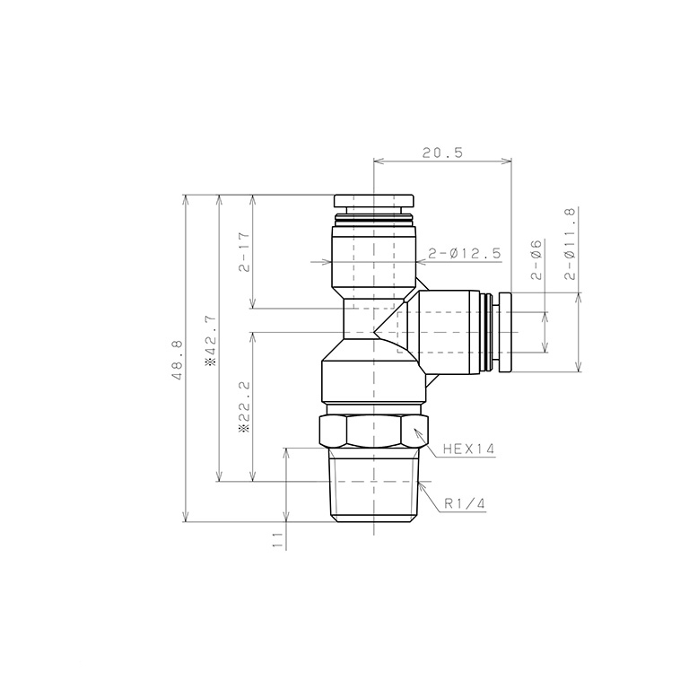 Bản vẽ kỹ thuật Đầu Nối Nhanh Khí Nén Dạng Chữ T Ren Ngoài Pisco PD6-02-C