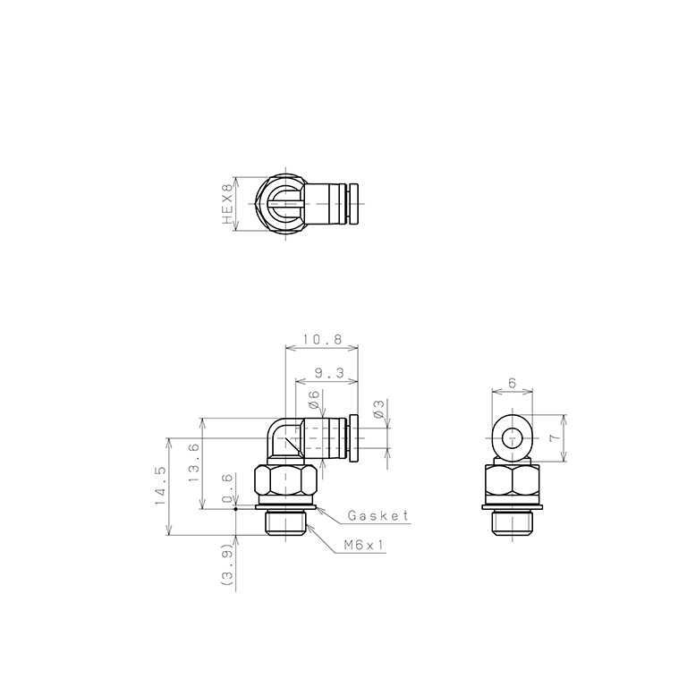 Bản vẽ kỹ thuật Đầu Nối Nhanh Khí Nén Dạng Cong 90° Ren Ngoài Pisco PL3-M6MW