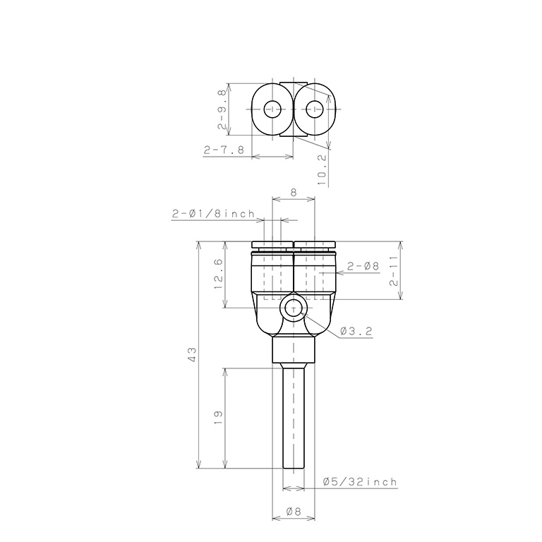 Bản vẽ kỹ thuật Đầu Nối Nhanh Khí Nén Giữa Ống Khí Và Fitting Dạng Nối Giảm Chữ Y Pisco PWJ5/32-1/8M