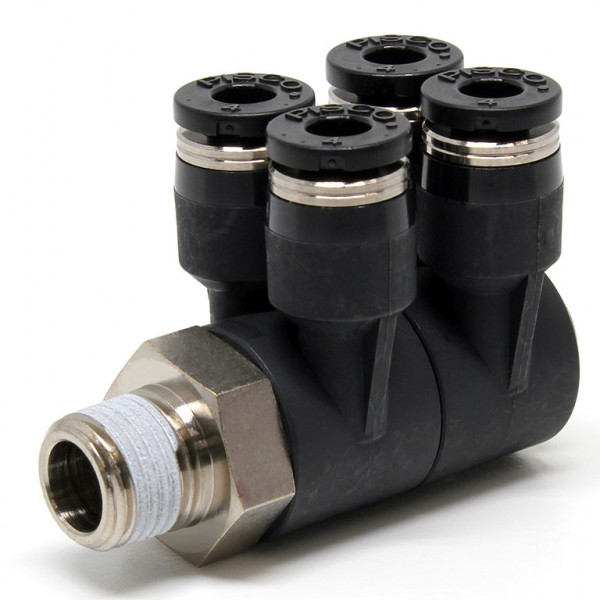Đầu Nối Nhanh Khí Nén Bốn Nhánh Cong 90° Thân Lục Giác Trụ Ren Ngoài Pisco PAW4-01