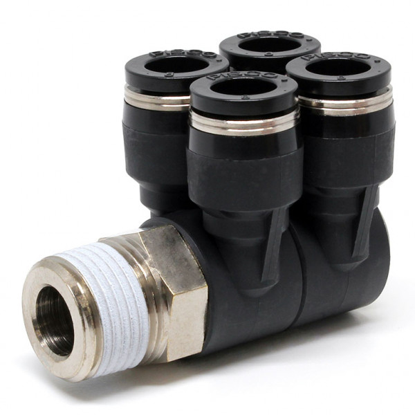 Đầu Nối Nhanh Khí Nén Bốn Nhánh Cong 90° Thân Lục Giác Trụ Ren Ngoài Pisco PAW8-03