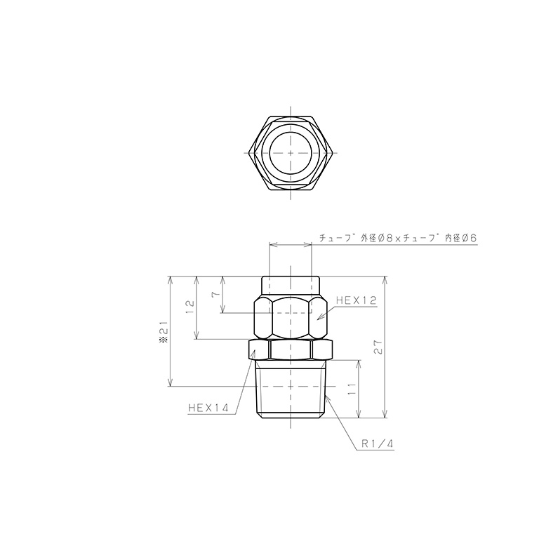 Bản vẽ kỹ thuật Đầu Ngạnh Nối Ống Có Đai Ốc Xiết Dạng Thẳng Thân Lục Giác Ren Ngoài Pisco NKC0860-02