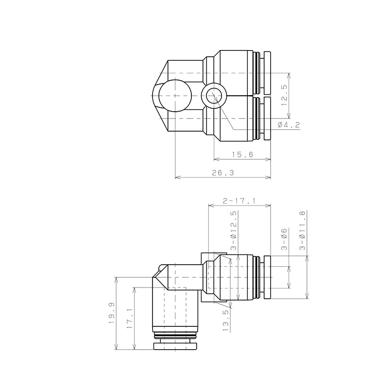 Bản vẽ kỹ thuật Đầu Nối Nhanh Khí Nén Ba Ngã Cong 90° Pisco PAU6SUS