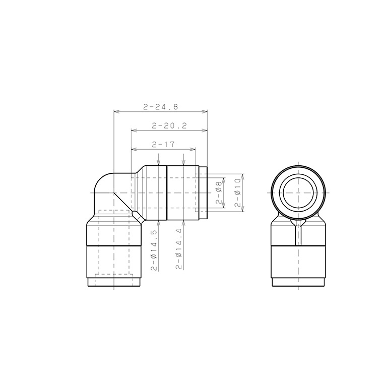 Bản vẽ kỹ thuật Đầu Nối Nhanh Khí Nén Cong 90° Pisco KV8