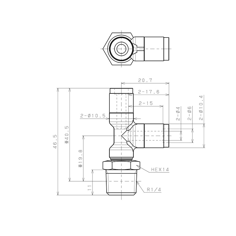 Bản vẽ kỹ thuật Đầu Nối Nhanh Khí Nén Dạng Chữ T Ren Ngoài Pisco KD4-02-F