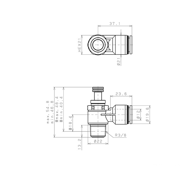 Bản vẽ kỹ thuật Van Tiết Lưu Khí Nén Chân Kim, Nhựa PP Và Inox 304 Pisco PJNC12-03-S
