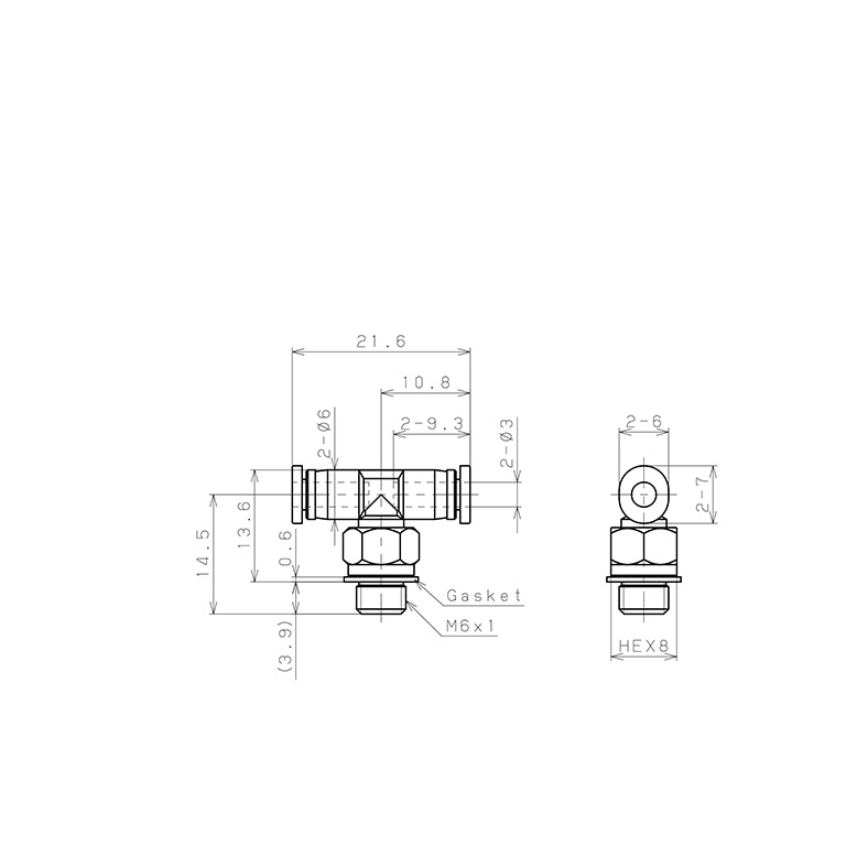Bản vẽ kỹ thuật Đầu Nối Nhanh Khí Nén Dạng Chữ T Ren Ngoài Pisco PB3-M6M