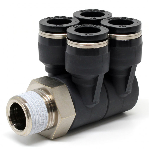 Đầu Nối Nhanh Khí Nén Bốn Nhánh Cong 90° Thân Lục Giác Trụ Ren Ngoài Pisco PAW10-03