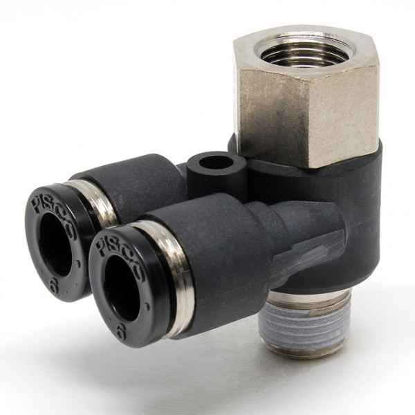Đầu Nối Nhanh Khí Nén Hai Nhánh Cong 90° Đầu Lục Giác Trụ Ren Đực Cái Pisco PAF6-01