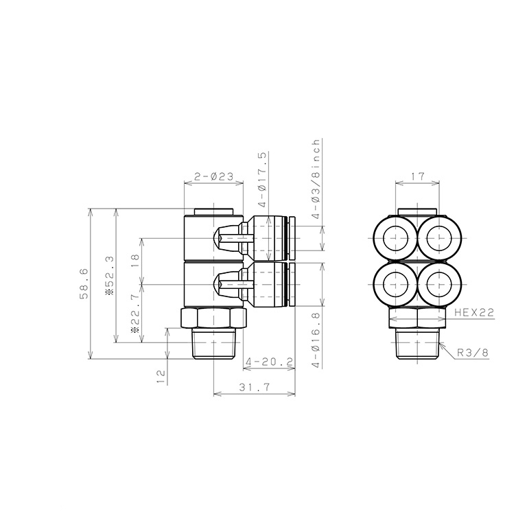 Bản vẽ kỹ thuật Đầu Nối Nhanh Khí Nén Bốn Nhánh Cong 90° Thân Lục Giác Trụ Ren Ngoài Pisco PAW3/8-03