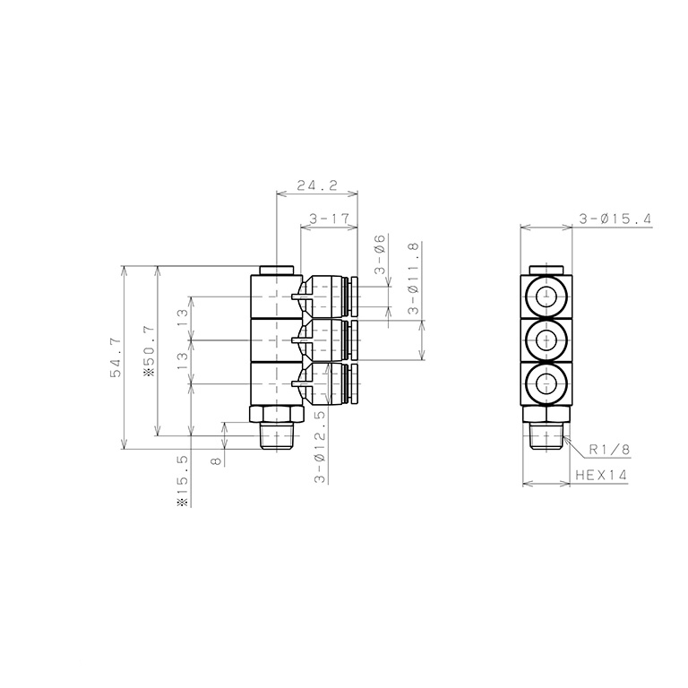 Bản vẽ kỹ thuật Đầu Nối Nhanh Khí Nén Ba Nhánh Cong 90° Thân Lục Giác Trụ Ren Ngoài Pisco PHT6-01