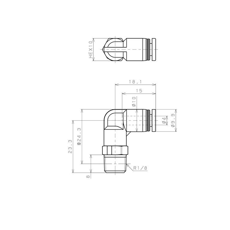 Bản vẽ kỹ thuật Đầu Nối Nhanh Khí Nén Dạng Cong 90° Ren Ngoài Pisco PPL4-01-HN