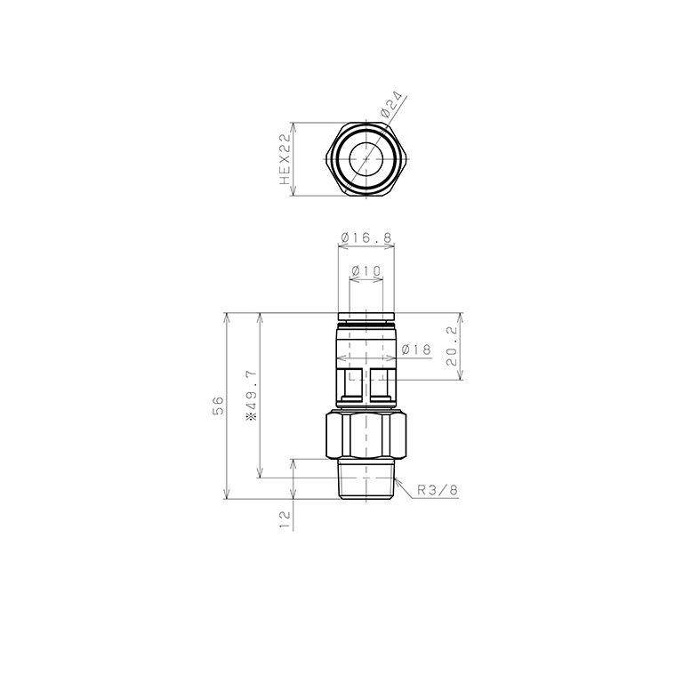 Bản vẽ kỹ thuật Đầu Nối Nhanh Khí Nén Dạng Thẳng Ren Ngoài Có Khớp Xoay Pisco RC10-03