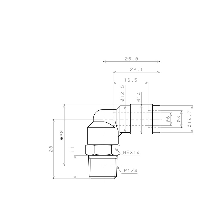 Bản vẽ kỹ thuật Đầu Nối Nhanh Khí Nén Dạng Cong 90° Ren Ngoài Pisco PL6-02V-0