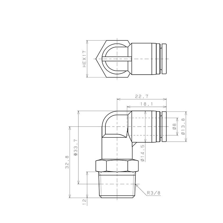 Bản vẽ kỹ thuật Đầu Nối Nhanh Khí Nén Dạng Cong 90° Ren Ngoài Pisco SPPL8-03SP