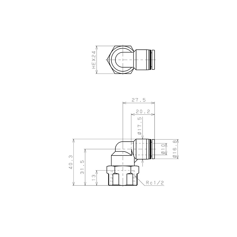 Bản vẽ kỹ thuật Đầu Nối Nhanh Khí Nén Dạng Cong 90° Ren Trong Pisco PLF10-04