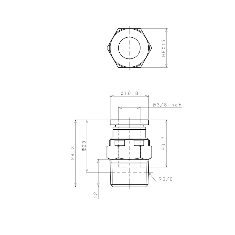 Bản vẽ kỹ thuật Đầu Nối Nhanh Khí Nén Dạng Thẳng Thân Lục Giác Ren Ngoài Pisco PC3/8-03