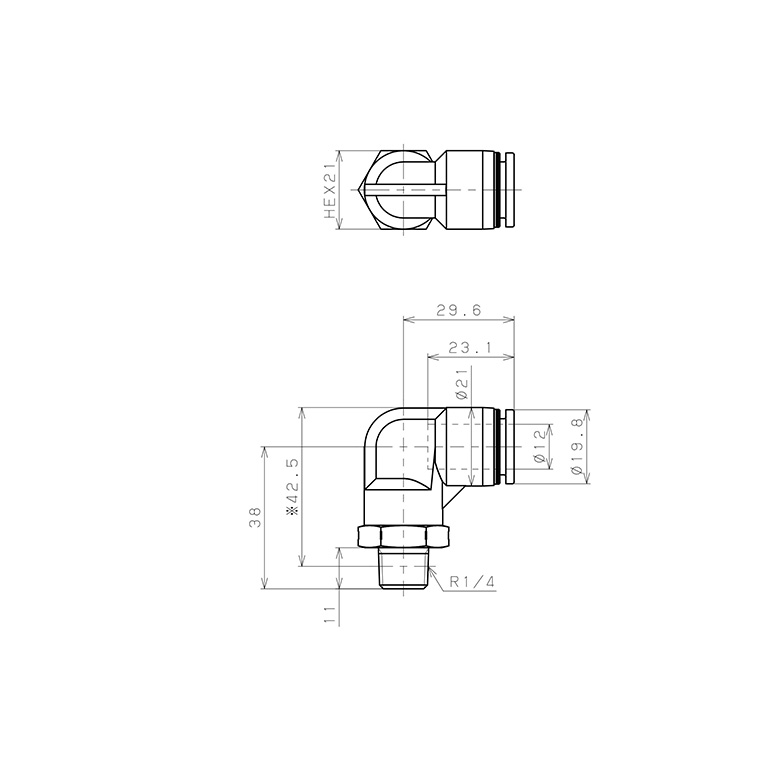 Bản vẽ kỹ thuật Đầu Nối Nhanh Khí Nén Dạng Cong 90° Ren Ngoài Pisco PL12-02SUS