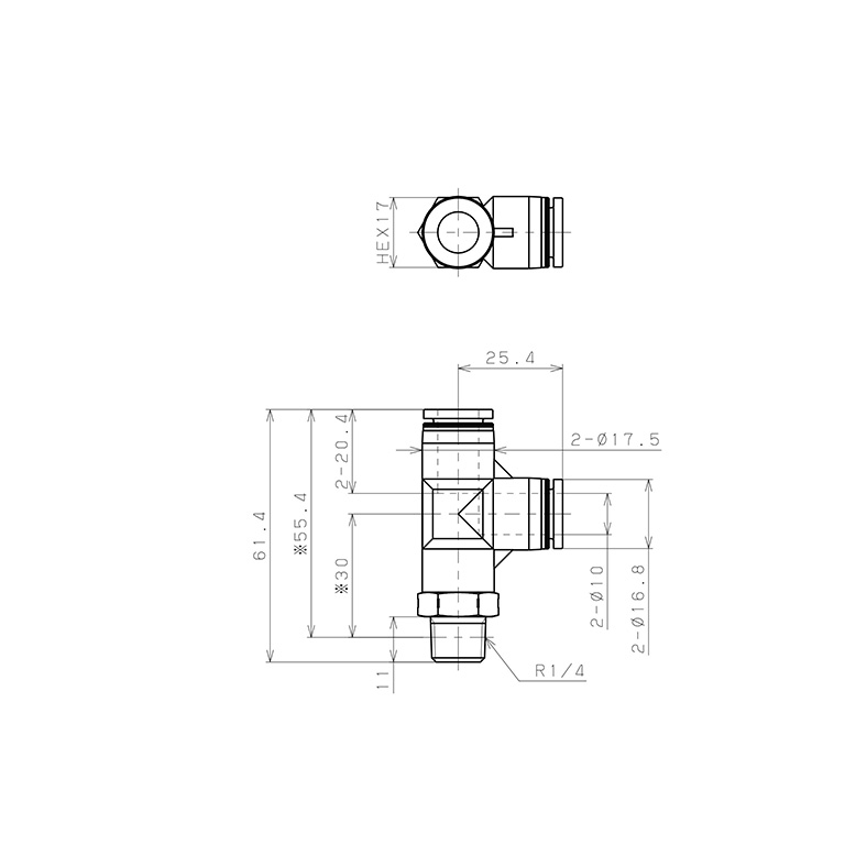 Bản vẽ kỹ thuật Đầu Nối Nhanh Khí Nén Dạng Chữ T Ren Ngoài Pisco PD10-02SUS