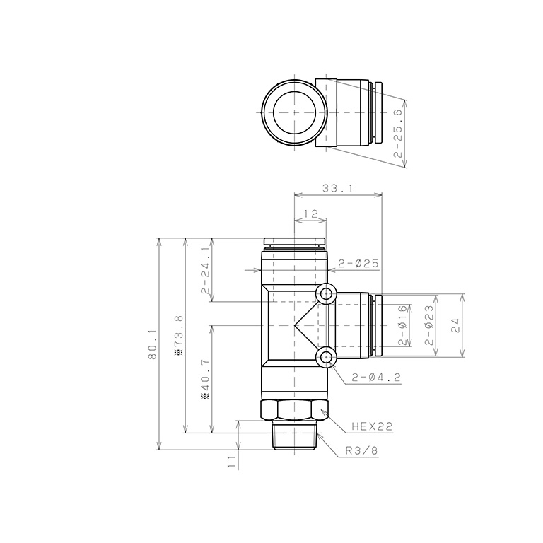 Bản vẽ kỹ thuật Đầu Nối Nhanh Khí Nén Dạng Chữ T Ren Ngoài Pisco SPD16-03
