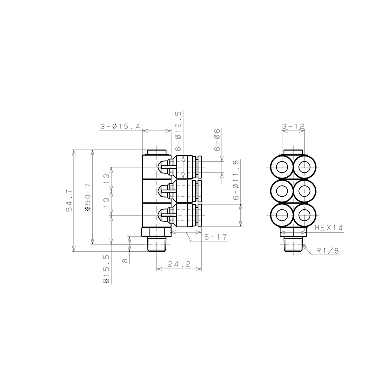 Bản vẽ kỹ thuật Đầu Nối Nhanh Khí Nén Sáu Nhánh Cong 90° Thân Lục Giác Trụ Ren Ngoài Pisco SPAT6-01