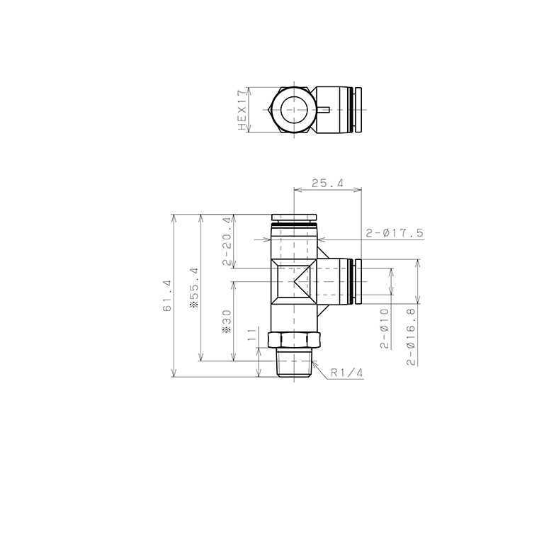 Bản vẽ kỹ thuật Đầu Nối Nhanh Khí Nén Dạng Chữ T Ren Ngoài Pisco PPD10-02SUS-TP