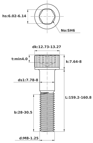 Bản vẽ kỹ thuật Lục Giác Chìm Đầu Trụ Thép Đen 12.9 DIN912 M8x160 Ren Lửng