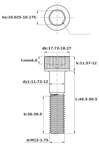 Bản vẽ kỹ thuật Lục Giác Chìm Đầu Trụ Thép Mạ Kẽm Trắng Cr3+ 12.9 DIN912 M12x50 Ren Lửng