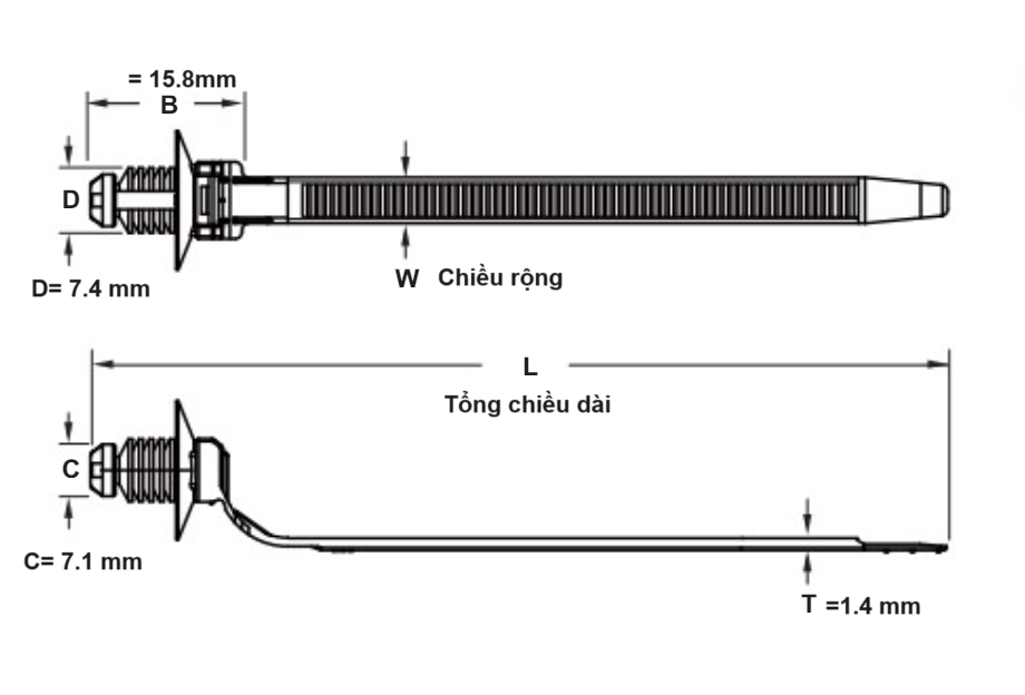 Bản vẽ kỹ thuật Dây Rút Nhựa Dạng Gắn Plug Cable Tie Màu Đen KST 170 x 5.3 mm KMCL-170-B