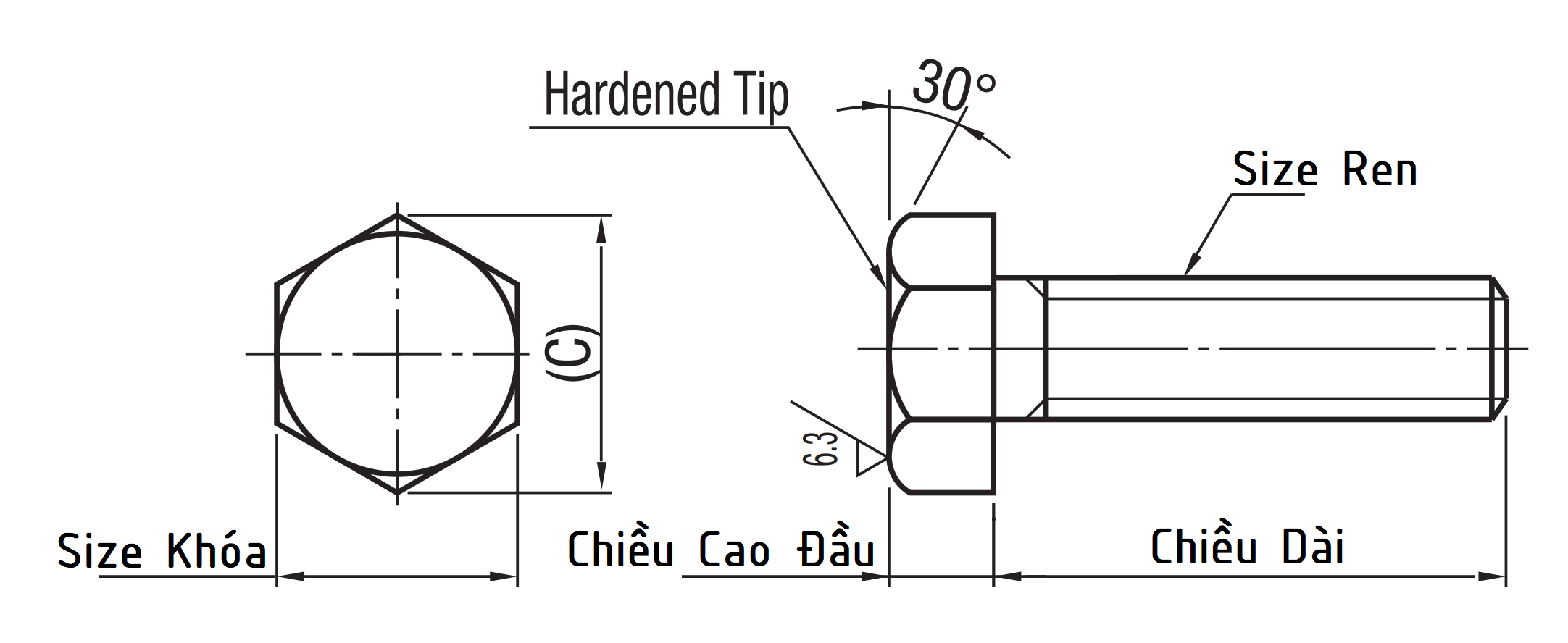 Bản vẽ kỹ thuật Bulong Chặn Thép Đen SCM435 M5x0.5x25 STRCB5-25 Ren Nhuyễn (Dòng Tiêu Chuẩn)