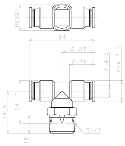 Bản vẽ kỹ thuật Đầu Nối Nhanh Khí Nén Dạng Chữ T Ren Ngoài Pisco KB10-04-1-F