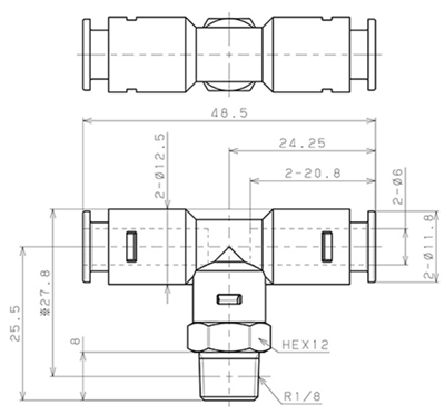 Bản vẽ kỹ thuật Đầu Nối Nhanh Khí Nén Dạng Chữ T Ren Ngoài Pisco APB6-01-TP